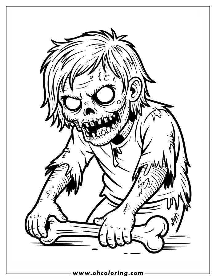 Line art of a cartoon zombie holding a bone. The zombie has messy hair and torn clothing. This is a drawing for coloring.