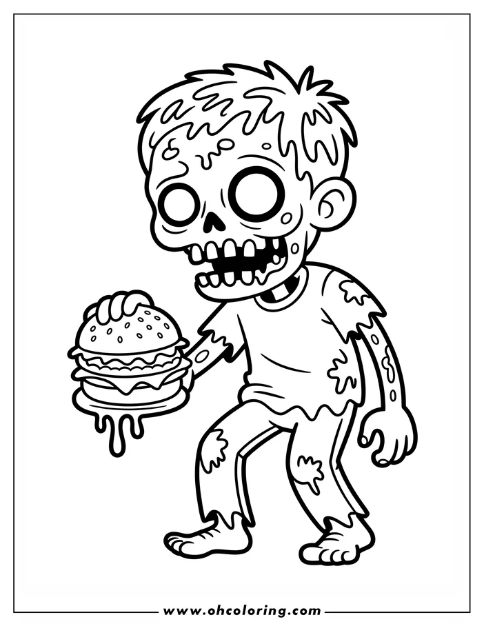 Line art of a cartoon zombie holding a dripping burger. The zombie has messy hair and torn clothing.  This is a coloring sheet design, perfect for Halloween or spooky themes.