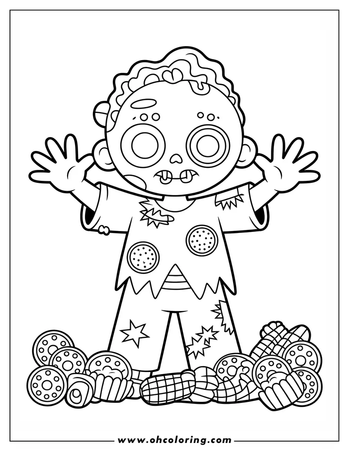 Line art of a cartoon zombie surrounded by candy corn. The zombie wears patched clothing, and its arms are outstretched as if giving a hug. Ideal for a Halloween coloring activity.