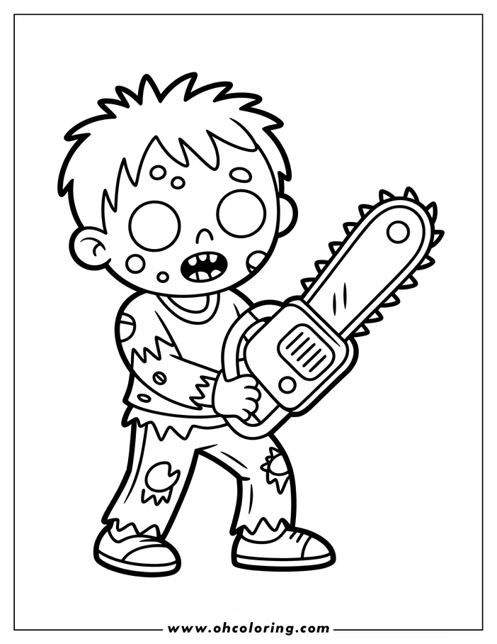 Line art of a cartoon zombie holding a chainsaw. He wears tattered clothes and has spiky hair. His mouth is open, and spots mark his face, giving him a spooky appearance. This is a drawing designed for a coloring sheet.