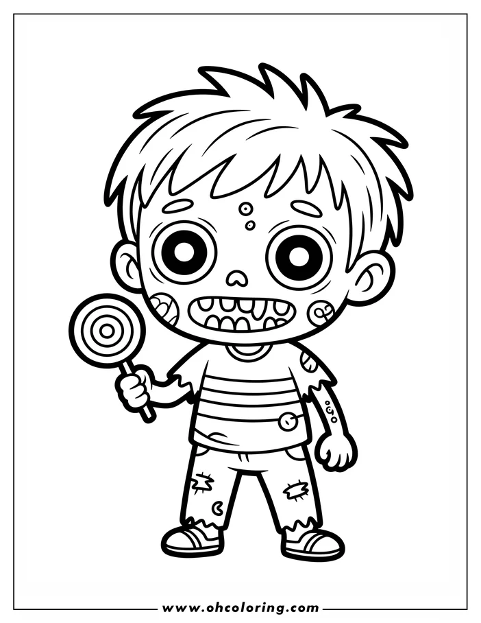 Line art of a cartoon zombie holding a lollipop. The zombie has spiky hair, wears a torn, striped shirt and ripped pants, and sports exaggerated facial features. This coloring sheet design is ready to be printed and colored.