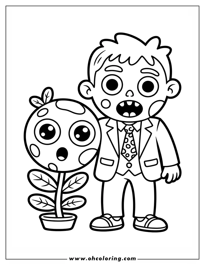 Line art of a zombie wearing a suit and tie, standing next to a potted plant. Both the zombie and the plant have large, surprised eyes, creating a whimsical scene for coloring.