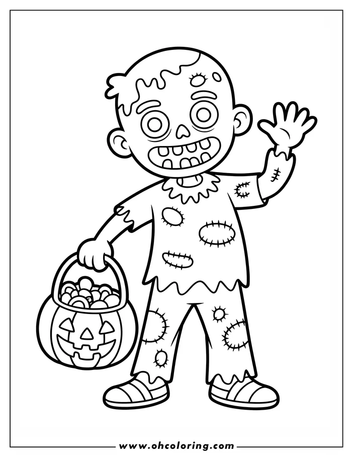 Line art of a friendly cartoon zombie waving. He holds a pumpkin basket likely filled with Halloween candy.  His clothes are patched and torn. This is a design for a coloring sheet.
