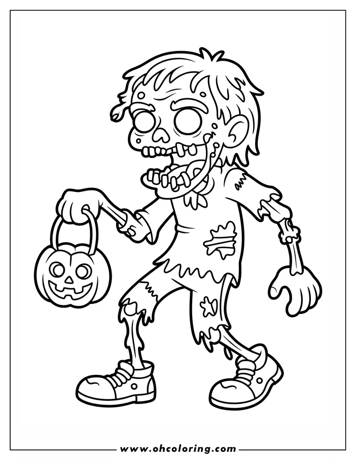 Line art of a cartoon zombie carrying a jack-o'-lantern pail. The zombie has exposed bones and ripped clothing, perfect for a Halloween coloring activity.