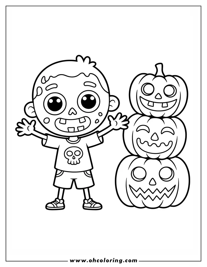 Line art of a friendly cartoon zombie standing next to a stack of three carved pumpkins, designed as a coloring sheet. The zombie wears a shirt with a skull design. Each pumpkin has a distinct carved face. This Halloween-themed drawing is ready for coloring.