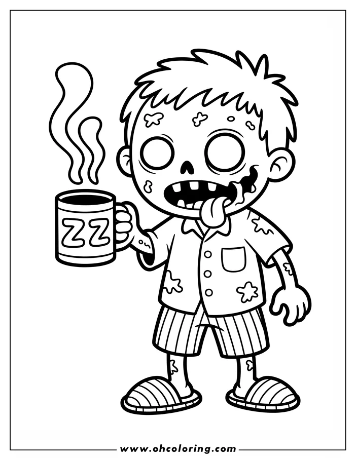 Line art of a cartoon zombie holding a steaming mug labeled "ZZZs." The zombie has messy hair, stained pajamas and slippers, and his tongue is hanging out.  A fun coloring sheet design for Halloween or zombie fans.