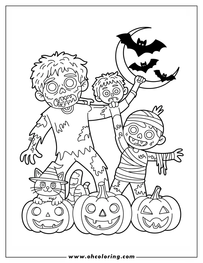 Halloween-themed coloring sheet: Line art depicts three cartoon zombies and a cat with pumpkins. One zombie holds a crescent moon with bats, while another wears bandages. A cat in a witch's hat sits on a carved pumpkin. The background includes large pumpkins with carved faces, creating a spooky holiday scene.