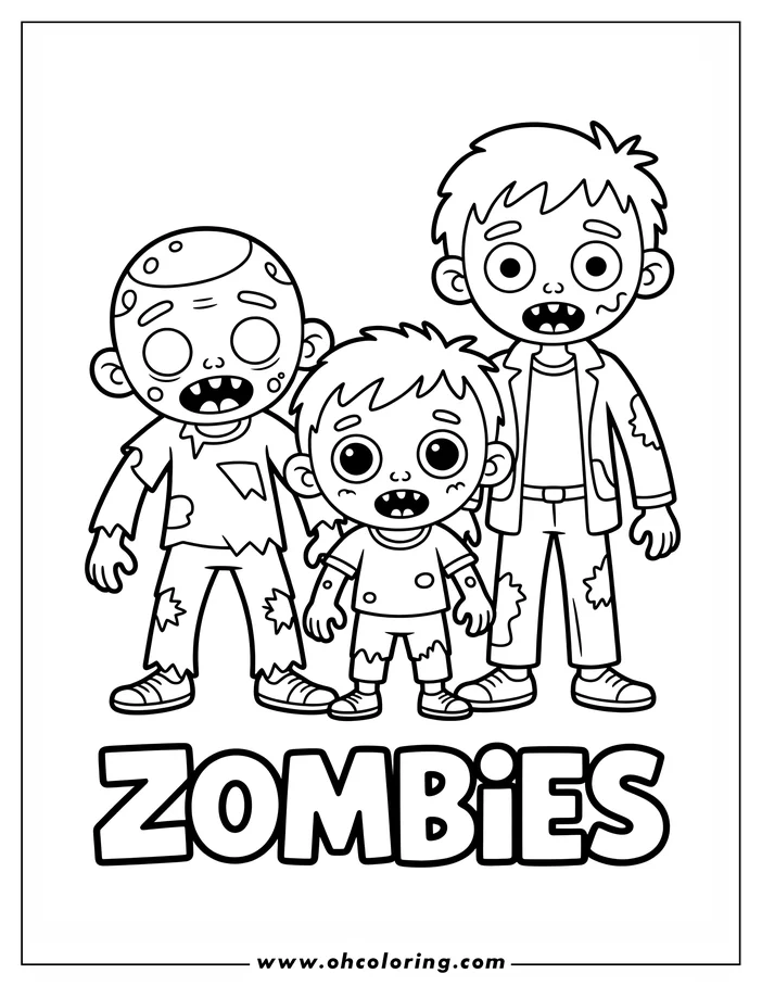 Line art of three cartoon zombies. Two larger zombies stand on either side of a smaller zombie child. Their clothing is tattered, and they have a simple, friendly appearance. This is a design for a coloring sheet.