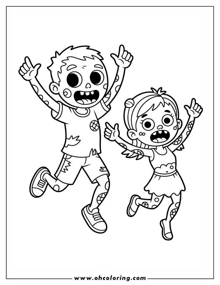 Line art of two cartoon zombies, a boy and a girl, jumping in the air with their arms raised. They appear to be dancing or celebrating, and both have patched-up skin and excited expressions. This is a design for a coloring page.