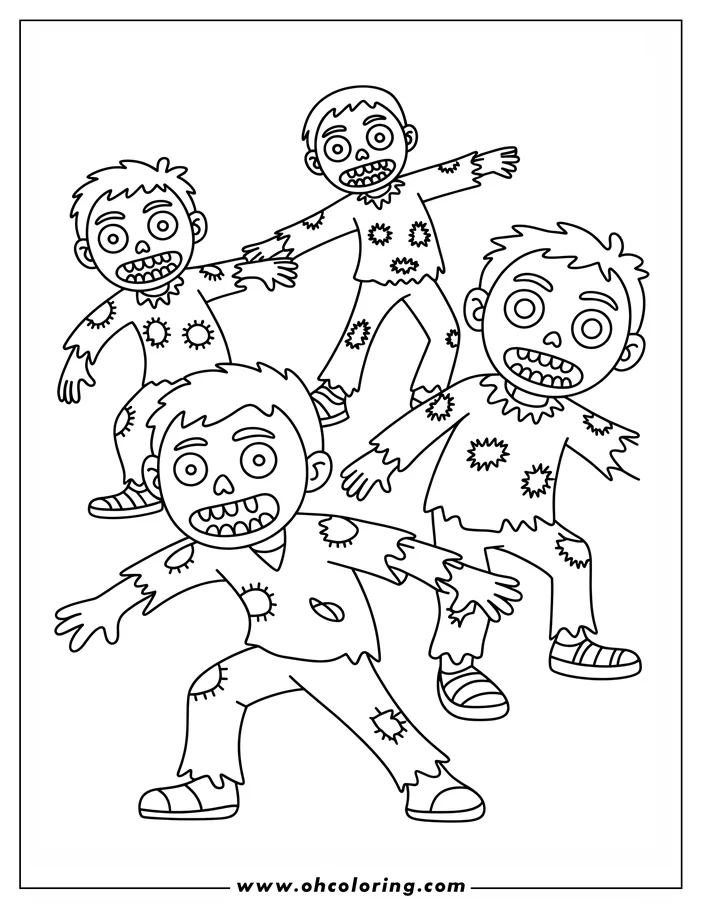 Line art of four cartoon zombies. They each have large, round eyes and are wearing ripped and patched clothing and sandals. This design is a drawing to be used as a coloring sheet.