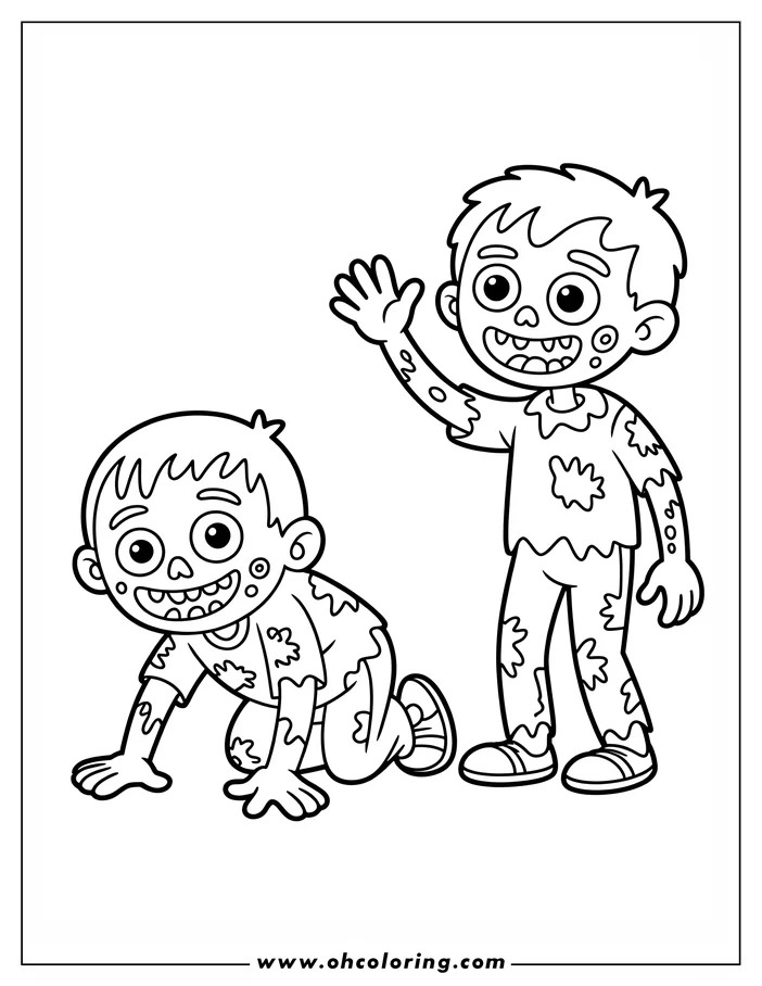 Line art illustration of two friendly cartoon zombies. One zombie crawls on the ground, while the other stands and waves. Both wear tattered clothing and have cheerful expressions. This Halloween-themed coloring sheet is perfect for spooky, creative fun.
