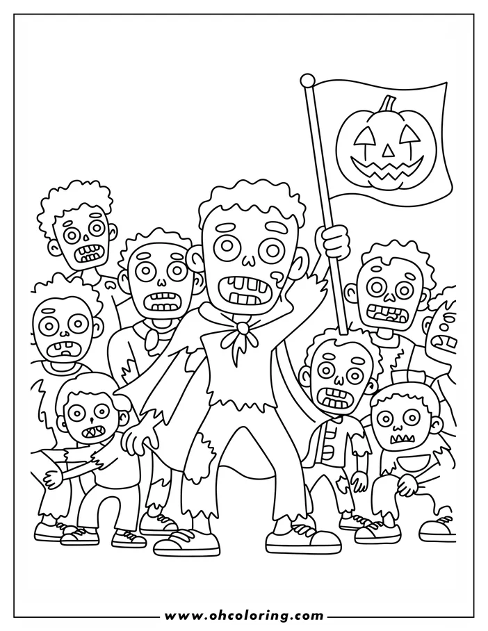 Line art of a group of cartoon zombies with a pumpkin flag. The zombies have varied expressions and tattered clothing, adding to the spooky Halloween vibe.  Perfect coloring sheet for kids or anyone who enjoys the spooky season.
