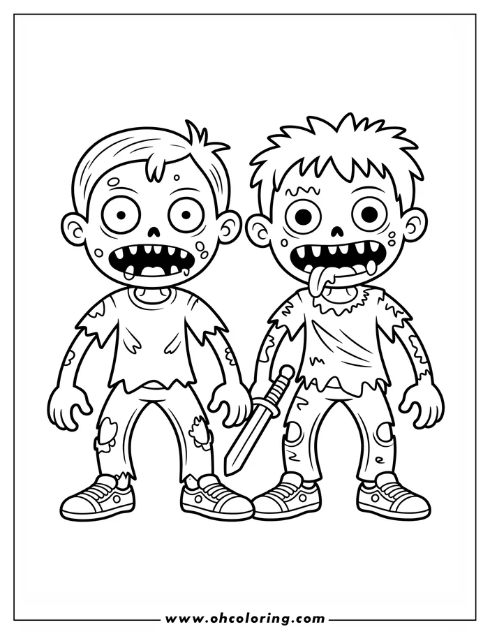 Line art of two cartoon zombies.  One drools, the other sticks out its tongue. They're dressed in ripped clothes and sneakers. One of them holds a sword. A fun coloring page for Halloween.